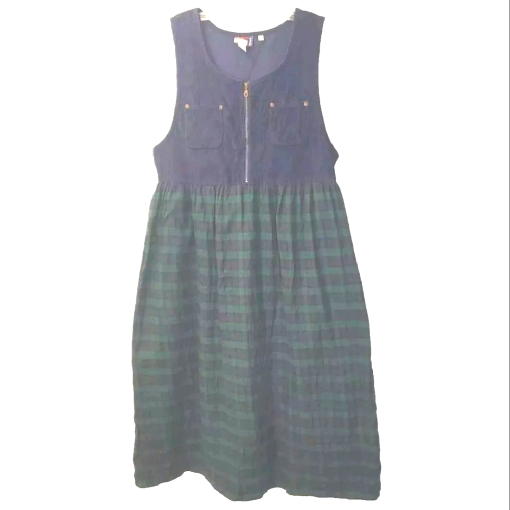 Lagenlook Jumper Dress Large Blue Corduroy Flannel Maxi Black Watch Plaid Vtg